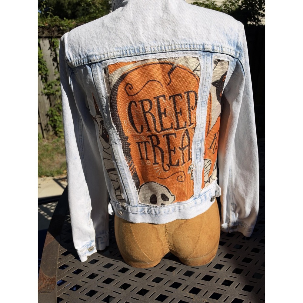 Upcycled Halloween KanCan Denim Jacket Creep It Real Pumpkin Spooky Medium